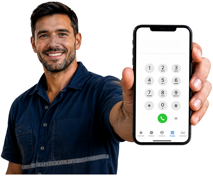 Canterbury Blocked Drains plumber holding a phone — call 1300 261 965