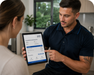 Plumber showing a service estimate on a tablet