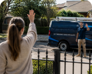 Customer waving goodbye to a Canterbury Blocked Drains plumber